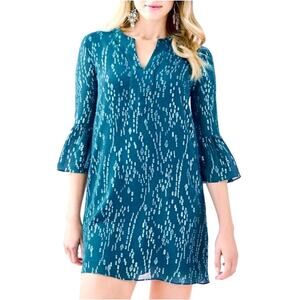 Lilly Pulitzer Elenora Silk Teal & Metallic Gold 3/4 Sleeves Mini Dress Size S